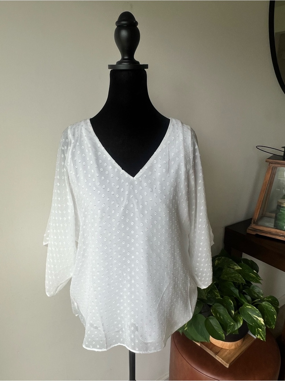 White House Black Market White V-Neck Swiss Dot Blouse